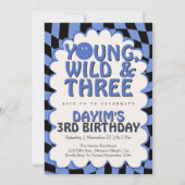 Young Wild & Three Retro Blue Boy 3rd Birthday Einladung (Vorderseite)