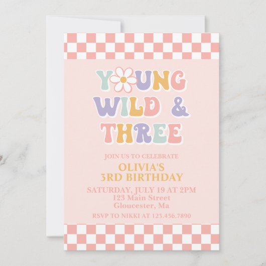 Young Wild Three Retro Daisy Schachbrett 3. Geburt Einladung (Vorderseite)
