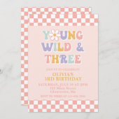 Young Wild Three Retro Daisy Schachbrett 3. Geburt Einladung (Vorne/Hinten)