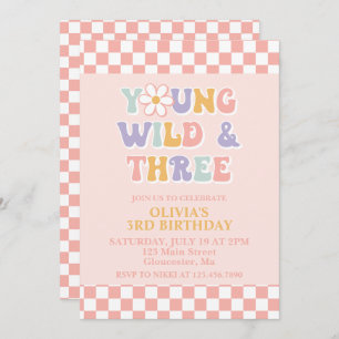 Young Wild Three Retro Daisy Schachbrett 3. Geburt Einladung