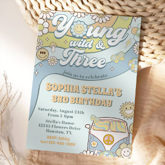Young Wild Three Retro Rainbow 3. Geburtstag Einladung