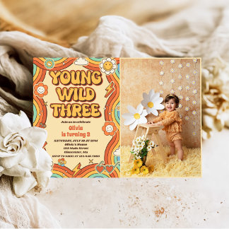 Young Wild Three Retro Rainbow 3. Geburtstags-Foto Einladung