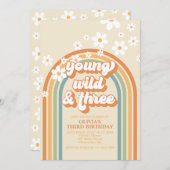 Young Wild Three Retro Rainbow Daisy Birthday Einladung (Vorne/Hinten)