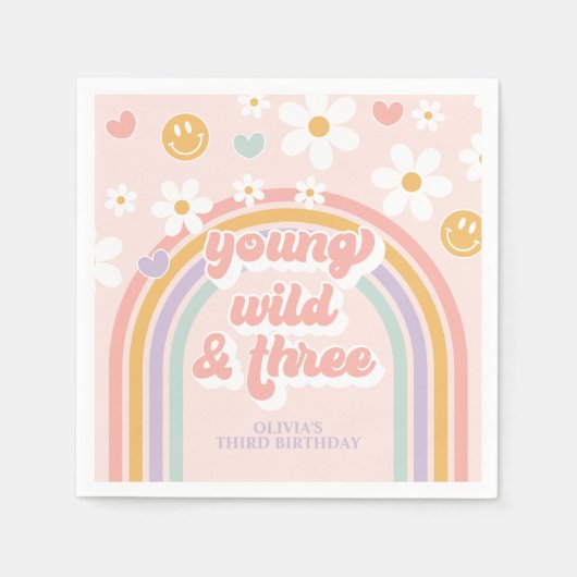 Young Wild Three Retro Regenbogen 3. Geburtstag Serviette (Vorderseite)