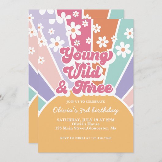 Young Wild Three Retro Sunshine Rainbow Daisy Einladung (Vorne/Hinten)