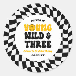 Young Wild & Three Retro Third 3rd Birthday Party Runder Aufkleber