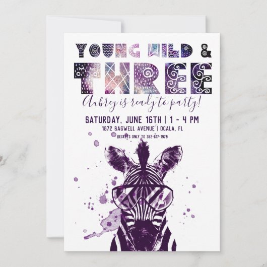 Young, Wild & Three | Rockstar Zebra Einladung (Vorderseite)