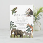 Young Wild & Three Safari Animals 3. Geburtstag Einladung (Stehend Vorderseite)
