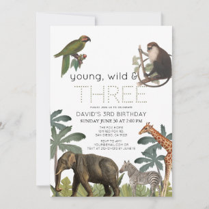 Young Wild & Three Safari Animals 3. Geburtstag Einladung