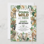 Young Wild & Three Safari Animals Boy 3. Geburtsta Einladung (Vorderseite)