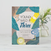 Young Wild & Three Safari Animals Boy 3. Geburtsta Einladung (Stehend Vorderseite)