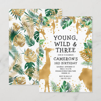 Young Wild Three Safari Gold Green 3. Geburtstag Einladung