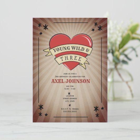 Young Wild & Three Tattoo Heart Third Birthday Inv Einladung (Stehend Vorderseite)