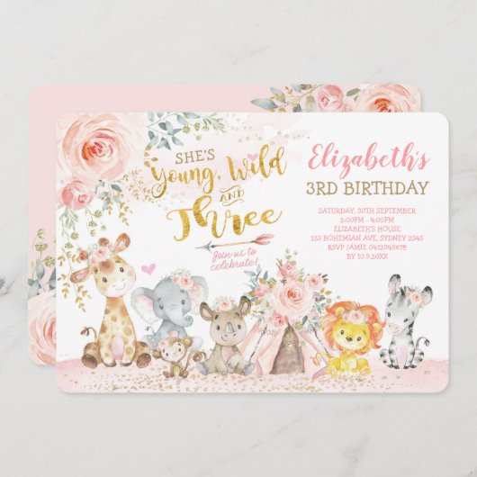 Young Wild & Three Tribal Jungle Girl 3. Geburtsta Einladung (Vorne/Hinten)