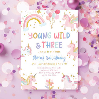 Young Wild & Three Unicorn 3. Geburtstag Einladung
