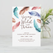 Young Wild & Three Watercolor Boho Feathers Einladung (Stehend Vorderseite)