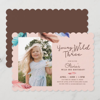 Young Wild & Three Watercolor Boho Feathers Foto Einladung