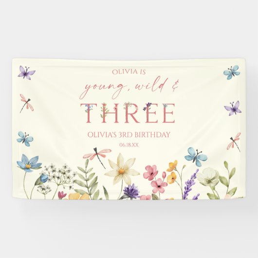Young Wild & Three Wildflower 3rd Birthday Party Banner (Horizontal)