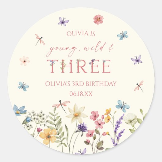 Young Wild & Three Wildflower 3rd Birthday Party Runder Aufkleber (Vorderseite)