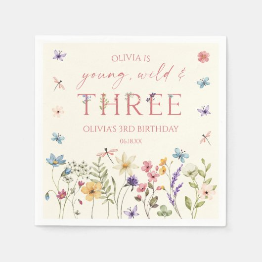 Young Wild & Three Wildflower 3rd Birthday Party Serviette (Vorderseite)