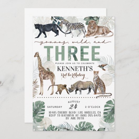 Young Wild & Three Zoo Animal - Einladung zum Gebu (Vorne/Hinten)