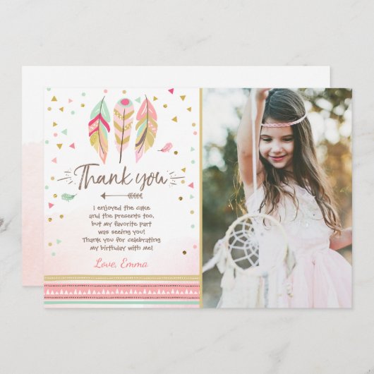 Young Wild und drei Dankeschön-Feathers Boho Einladung (Vorne/Hinten)