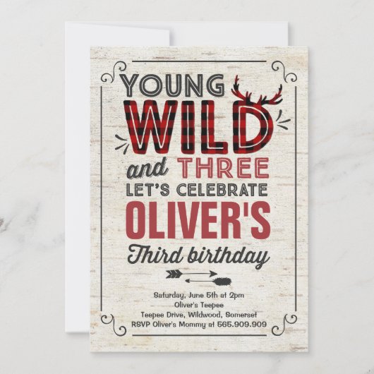 Young Wild und drei Einladung rustikale Lumberjack (Vorderseite)