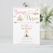 Young Wild und Three 3. Birthday Boho Einladung (Stehend Vorderseite)