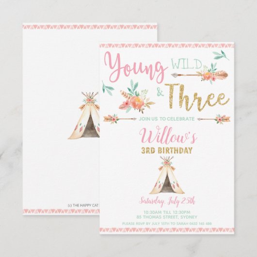 Young Wild und Three 3. Birthday Boho Einladung (Vorne/Hinten)