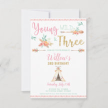 Young Wild und Three 3. Birthday Boho Einladung