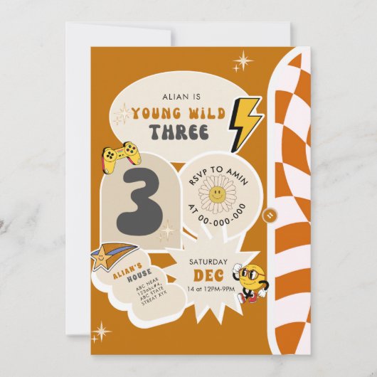Young Wild und Three 3rd Retro Checkered Geburtsta Einladung (Vorderseite)