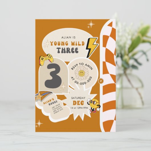 Young Wild und Three 3rd Retro Checkered Geburtsta Einladung (Stehend Vorderseite)