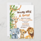 Young Wild und Three Zoo Safari Boy Dritter Geburt Einladung (Vorderseite)