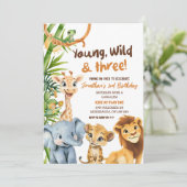 Young Wild und Three Zoo Safari Boy Dritter Geburt Einladung (Stehend Vorderseite)