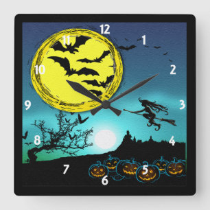 Young Witch Flying Amongst the Night Sky Clock Quadratische Wanduhr