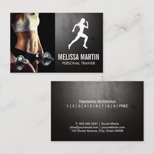 Young Woman Holding Dumbells | Fitness Visitenkarte (Vorne/Hinten)