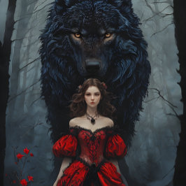 Young Woman In Red Gown With Black Wolf Guardian Seidenpapier