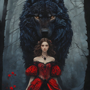 Young Woman In Red Gown With Black Wolf Guardian Seidenpapier