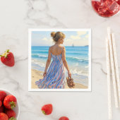 Young Woman On the Beach Looking At Sailboats Serviette (Beispiel)