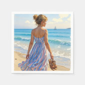 Young Woman On the Beach Looking At Sailboats Serviette (Vorderseite)