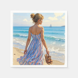 Young Woman On the Beach Looking At Sailboats Serviette