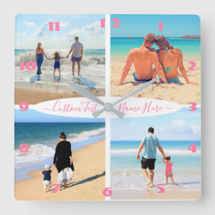 Your 4 Photo Collage Text Name Family Personalized Quadratische Wanduhr