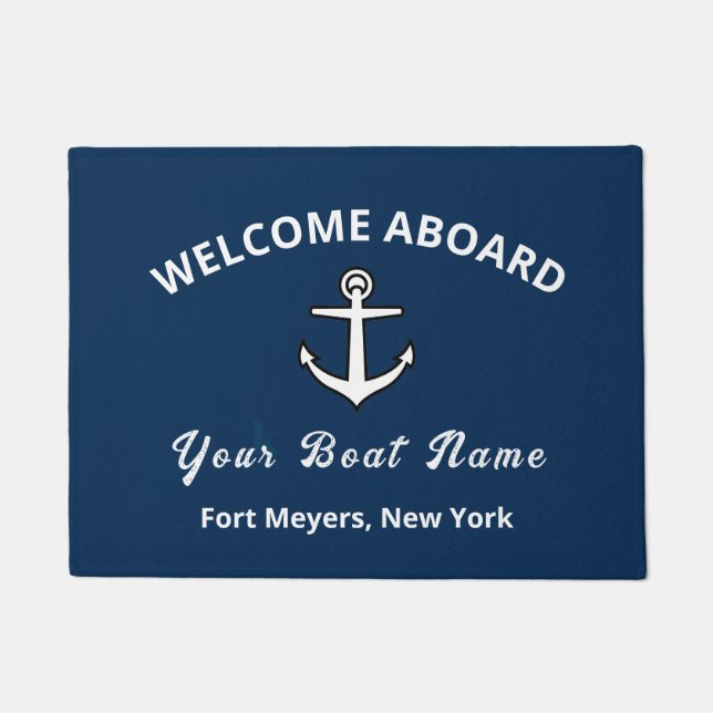 Your Boat Name Anchor Blue Welcome Aboard Doormat Fußmatte (Vorderseite)