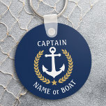 Your Boat Name Captain Anchor Laurel Navy Blue Schlüsselanhänger<br><div class="desc">A Personalized Keychain with your boat name, family name or other desired text and Captain title or other rank as needed. Featuring a custom designed nautical boat anchor, gold style laurel leaves and star emblem on navy blue or easily adjust the primary color to match your current theme. Makes a...</div>