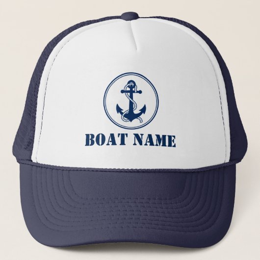 Your Boat Name Navy White Rope & Anchor Truckerkappe (Vorderseite)