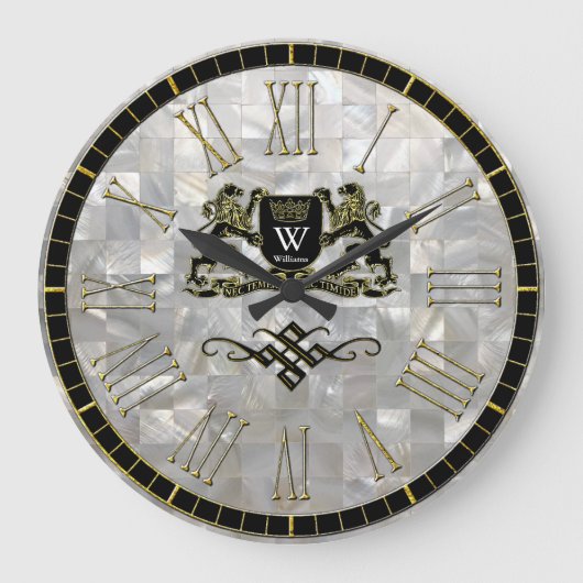 Your Coat of Arms Monogram Mother of Pearl Große Wanduhr (Vorderseite)