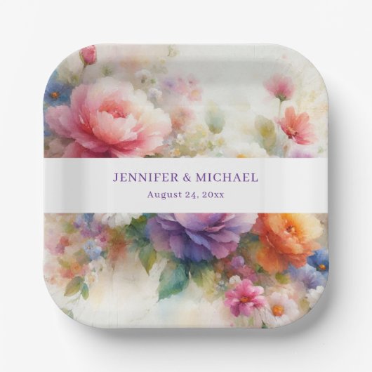 Your Custom Text Elegant Watercolor Flowers Art Pappteller (Vorderseite)
