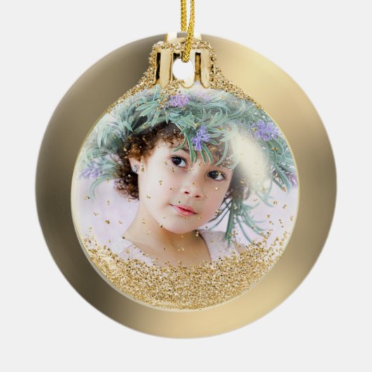 Your Foto into Golden Christmas Ball Custom Keramik Ornament (Vorne)