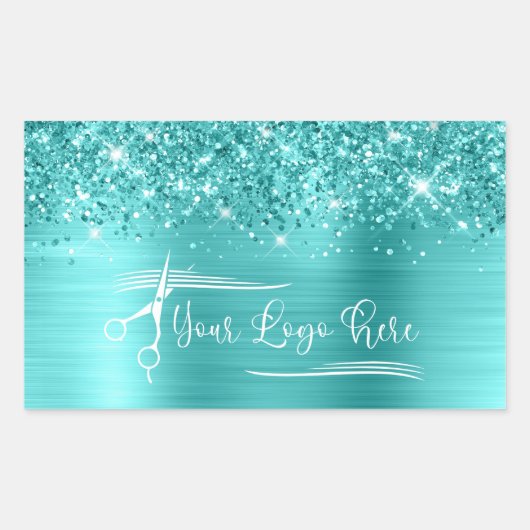 Your Logo Glittery Turquoise Blue Glam Rechteckiger Aufkleber (Vorderseite)