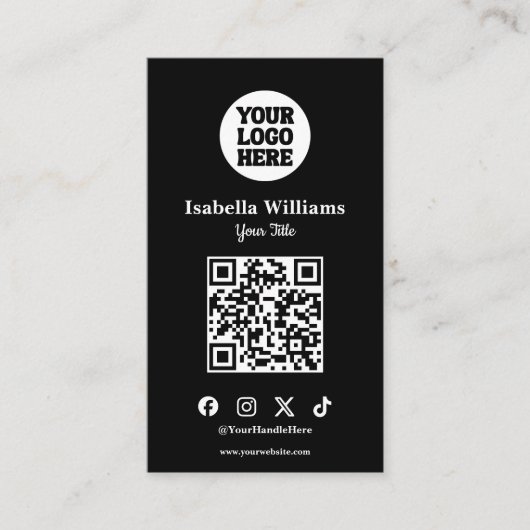 Your Logo Here Black Modern | Simple QR Code Visitenkarte (Vorderseite)